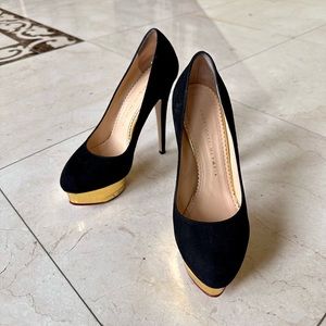 Charlotte Olympia Black Suede Gold Platform Pumps Heels 37.5